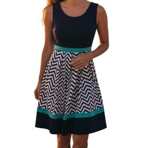 Enfocus Studio Chevron Patterned Midi Dress in Navy Blue Aqua Size 6
